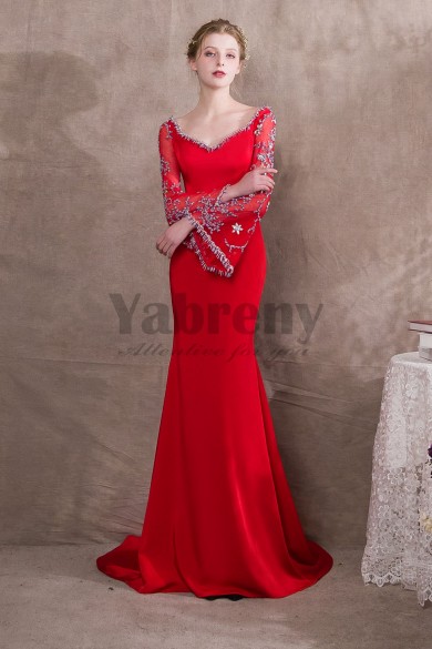 Red Exquisite Beaded Trumpet sleeve Prom dresses so-025