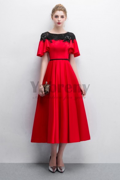 Red Mid-Calf lovely Prom dresses With Black Beaded Lace so-016