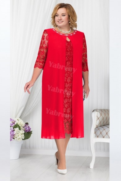 Red Mother Of The Bride Dress, Mid-Calf  Plus Size Women