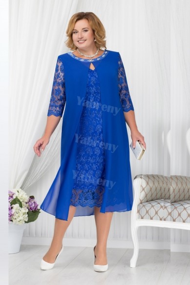 Royal Blue Mother Of The Bride Dress, Mid-Calf  Plus Size Women