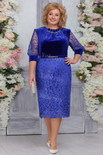 Royal Blue Velvet Mother of The Bride Dresses,Plus size Knee-Length Women