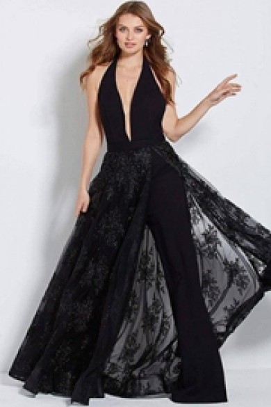 Sexy Deep V-neck Prom jumpsuit with skirt Black evening dress so-185