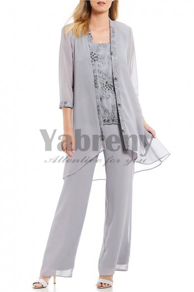Silver Gray Beaded Elastic waist mother of the bride Pants suits With Chiffon Jacket mps-113