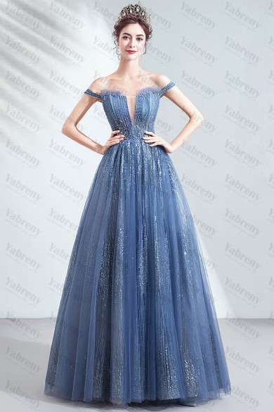 Sky Blue A-line Prom Dresses Strapless Sequined Fabrics Evening Dresses TSJY-129