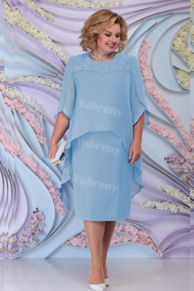 Sky Blue Chiffon Tea-Length Mother Of The Bride Dress Plus Size Women