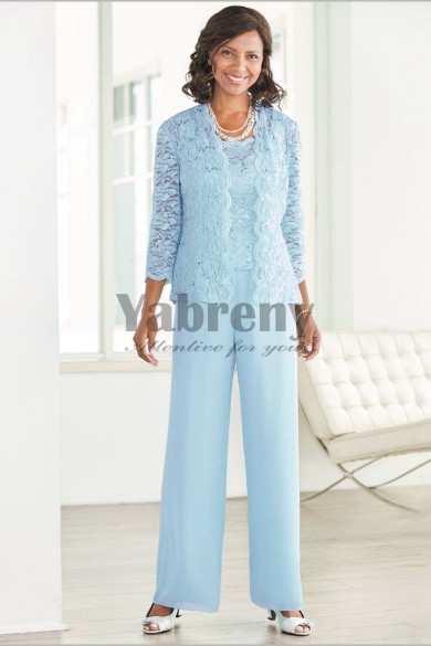 Jade Blue lace Elegant Mother of the bride pant suits with Lace jacket ...