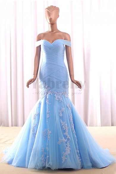Sky Blue wedding dress Off-the-shoulder Mermaid Appliques bride dresses wd-021-3