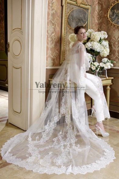 Watteau Train Wedding Jumpsuits Dresses Lace Long Cape Bridal Dresses so-349