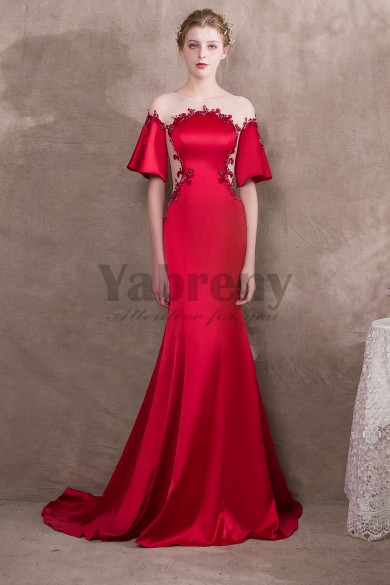 Sweep Train Red Satin Evening dresses with Hand beading so-027