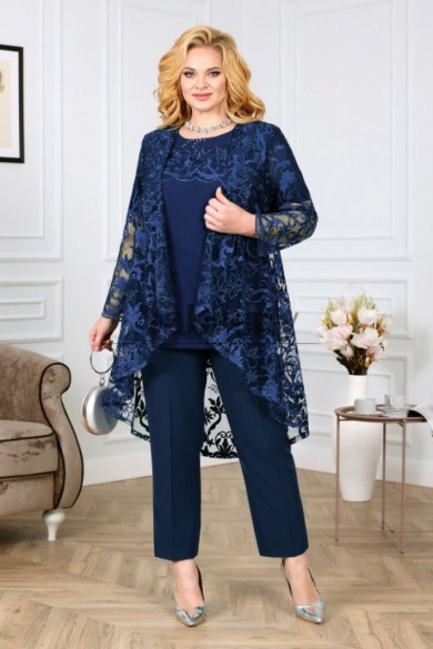 Three Piece Sets Dark Navy Plus Size Mother Of The Bride Pant Suit With Lace Jacket mps-793-2