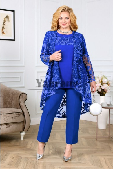 Three Piece Sets Royal Blue Plus Size Mother Of The Bride Pant Suit With Lace Jacket mps-793-3