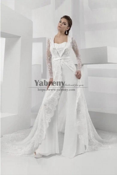 Two Piece Wedding Jumpsuits Bridal Dress with Train Overcoat Sposa Tuta Pantalone