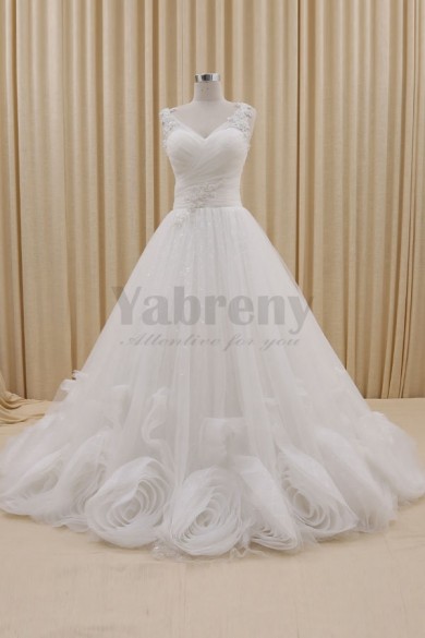 V-neck A-Line Handmade Flowers Sheer Straps Elegant Wedding dresses wd-006