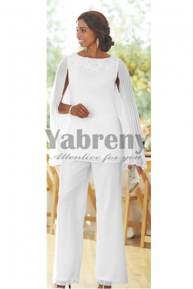 White Elegant Mother of the bride pant suits dress with Draped Cape Trouser set mps-081