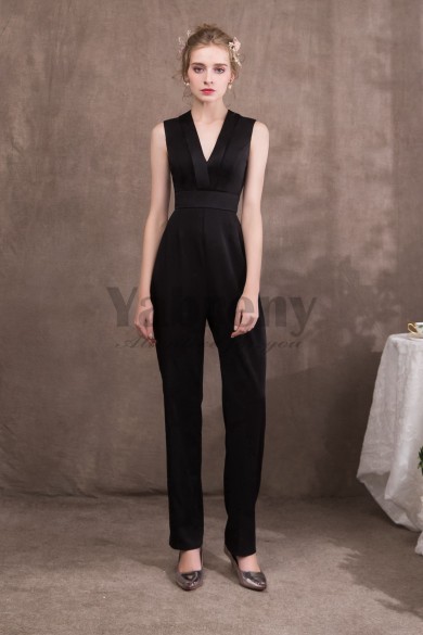 Black Charmeuse V-Neck wedding Jumpsuits for special occasion dresses so-047
