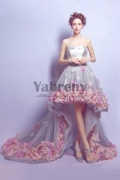 Yabreny A-line Front Short Long Back Appliques Strapless Brush Train prom Dresses TSJY-021