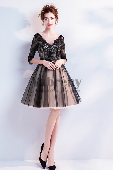 Yabreny Above Knee Homecoming Dresses A-line V-neck black lace prom Dresses TSJY-035