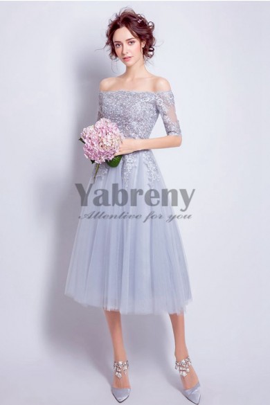 Yabreny lovely Light Blue Homecoming Dresses Mid-Calf Off the Shoulder prom Dresses TSJY-028