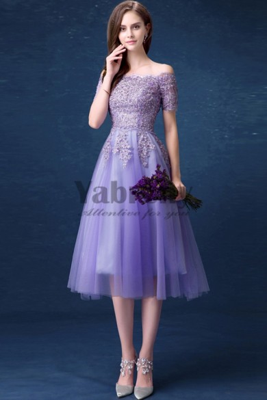 Yabreny Mid-Calf Off the Shoulder prom Dresses Grape Homecoming Dresses TSJY-022