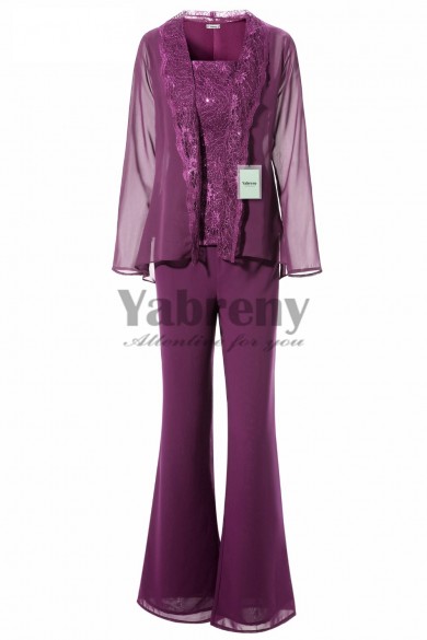 Yabreny Purple Mother of bride Trousers set with jacket Elegant Lace pant suits mps-269