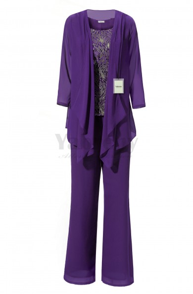 Yabreny Purple Chiffon 3PC Outfit Mother of  Bride Trousers Set Sequins Vest MT001708