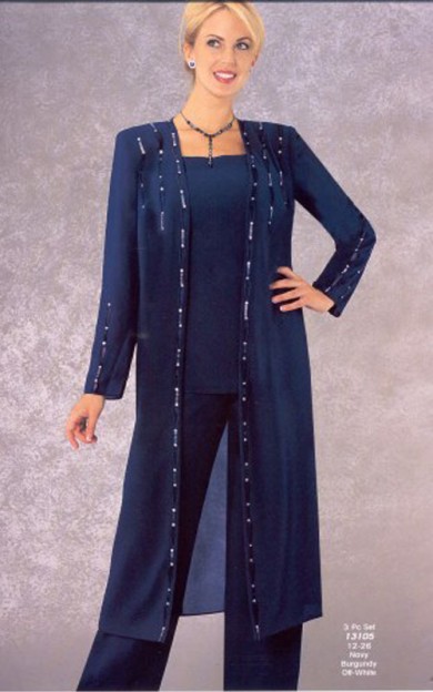 Dark navy chiffon Classic Mother of the bride pant suits with long coat mps-279
