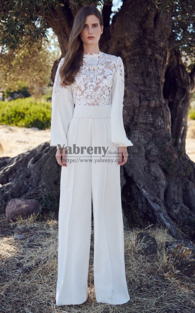 2022 Modern Lace Bodice Bridal Jumpsuits Wedding Dresses with Long Sleeves so-356