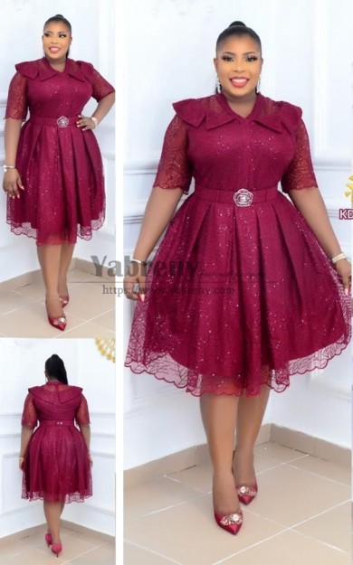 Plus Size Burgundy Sequins Mid-Calf Prom Dress with Belt,Robe De Bal Grande Taille so-303