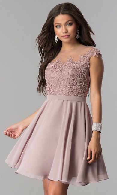 Bean Paste Chiffon Short Prom Dress with Lace Applique, Pearl Pink A-Line Homecoming Dresses sd-046