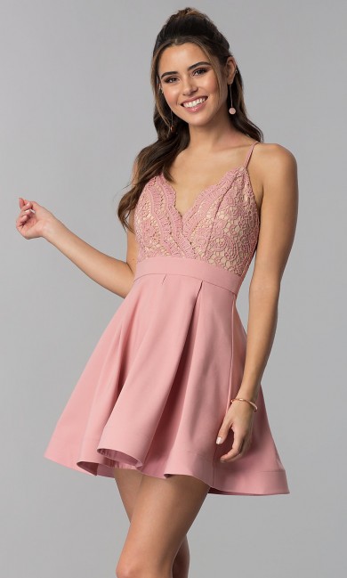 Blushing Pink Lace-Bodice V-Neck Homecoming Dress,A-line Mauve Charming Party Dresses sd-037