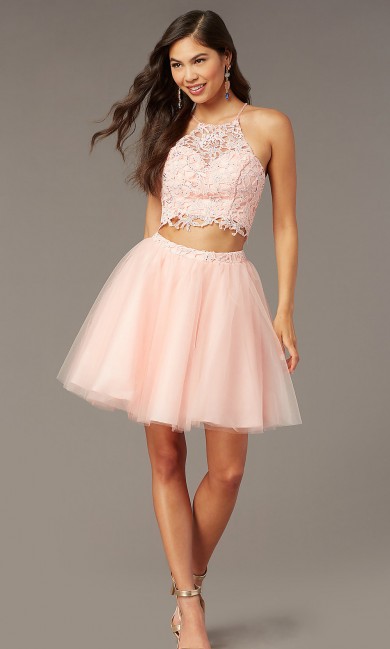 Blushing Pink Lace Two-Piece Short Homecoming Dress,Rose Water Above Knee Graduation Party Dresses sd-033-1