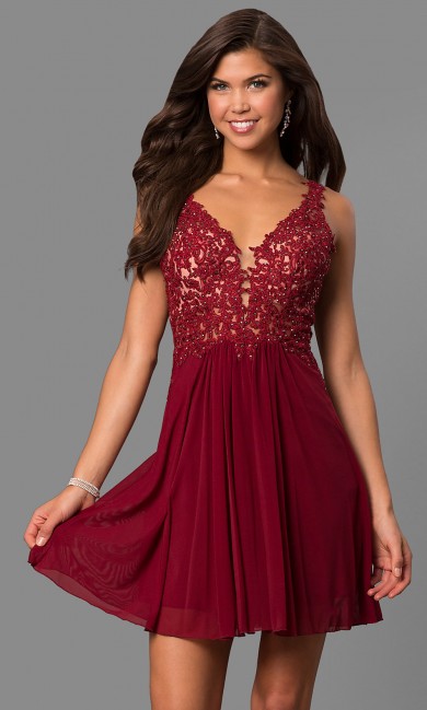 Burgundy Lace-Bodice Homecoming Dresses, Charming Above Knee Graduation Party Dresses sd-036-1