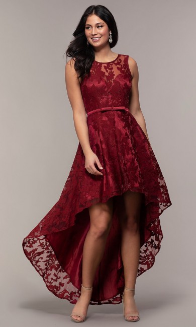 Burgundy Lace High-Low Prom Dress, Front Short Long Back Homecoming Dresses sd-020-2