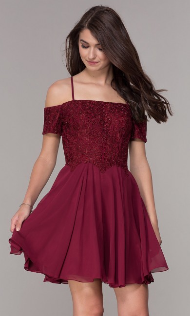 Burgundy Off-Shoulder Short-Sleeve Corset Homecoming Dress, Above Knee Prom Dresses sd-040-1