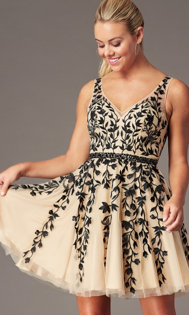 Champagne & Black Lace  Homecoming Party Dress, Hand Beading Prom Above Knee Dresses sd-021-2