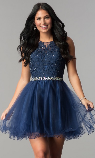 Dark Blue Flare Homecoming Party Dress,Graduation Dresses with Glass Drill Belt sd-022-4