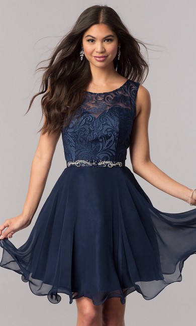Dark Blue Lace-Bodice Chiffon Homecoming Party Dress,Glamorous Above Knee Party Dresses sd-035-2