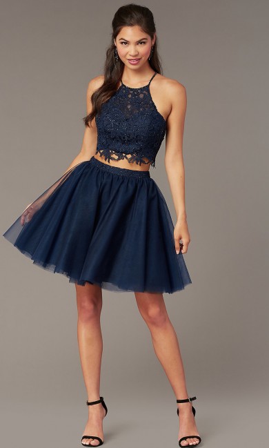 Dark Blue Lace-Hand Beading Two-Piece Homecoming Dress, A-line Above Knee Graduation Short Party Dresses sd-033-3
