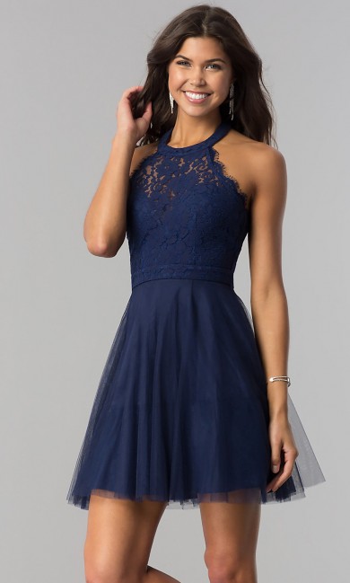 Dark Blue Lace Homecoming Dress, Under $100 Halter Graduation Party Dress sd-034-1