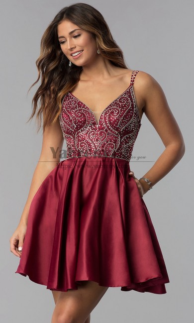 Deep-V-Neck Embellished-Bodice Homecoming Party Dress, Burgundy Glamorous Short Dresses sd-016-1