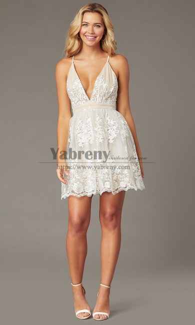Deep V-Neck Backless Homecoming Dresses, Ivory White Party Above Knee Dresse sd-024