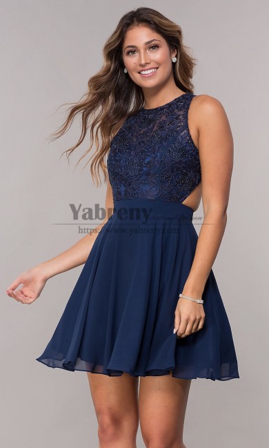Embroidered-Bodice Dark Blue Chiffon Homecoming Dress,Charming Hand Beading Short Dresses sd-017-3