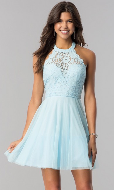 Jade Blue Lace-Bodice Homecoming Dress, Under $100 Halter Graduation Party Dress sd-034-2