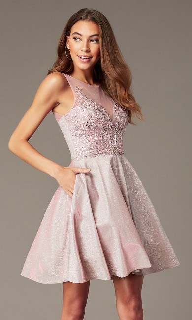 Pearl Pink Homecoming Party Dress with Pockets, A-Line Hand Beading Graduation Prom Dresses sd-039