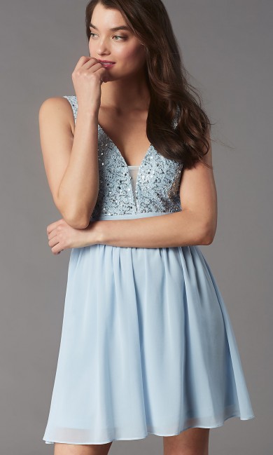 Sky Blue Chiffon Sequin Lace Bodice Homecoming Dress, Under $100 Short Dresses, Vestidos De Fiesta sd-057-1