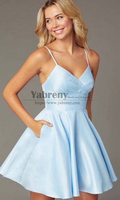 Sky Blue Short Dresses,Pleated Bodice Satin Homecoming Dresses,Spaghetti Vestidos De Fiesta sd-050-3