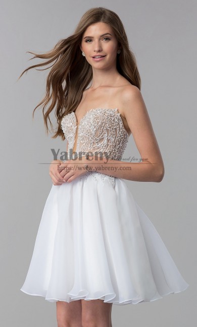 Strapless Embroidered-Bodice Homecoming Dresses, White Chiffon Hand Beading Charming Short Dresses sd-018