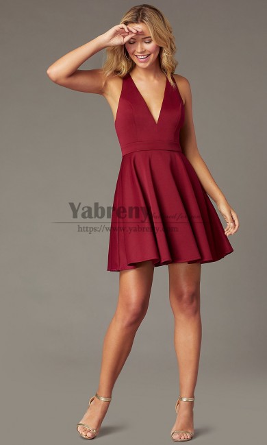 Under $100 Deep-V-Neck Short Dresses, Burgundy A-line Homecoming Dresses sd-015-3
