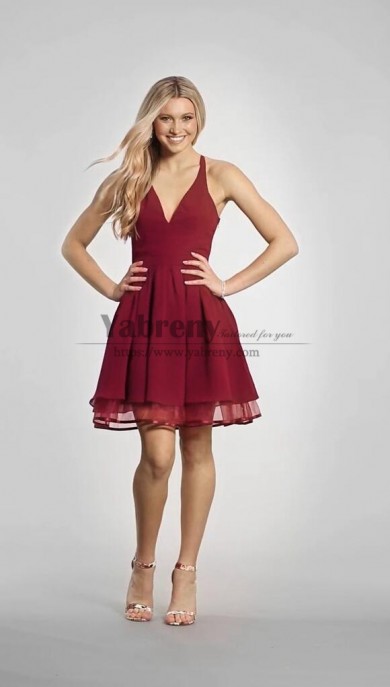 Burgundy Chiffon Homecoming Dress,Under $100 V-Neck Party Dress sd-012-3