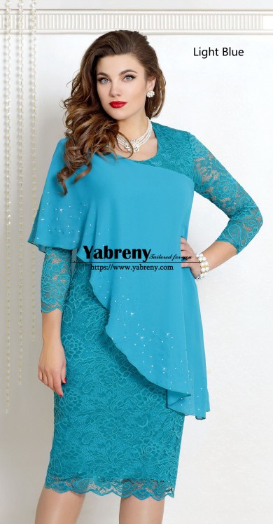 Light Blue Knee-Length Mother of the bride dress with Lace Sleeves mps-584-6